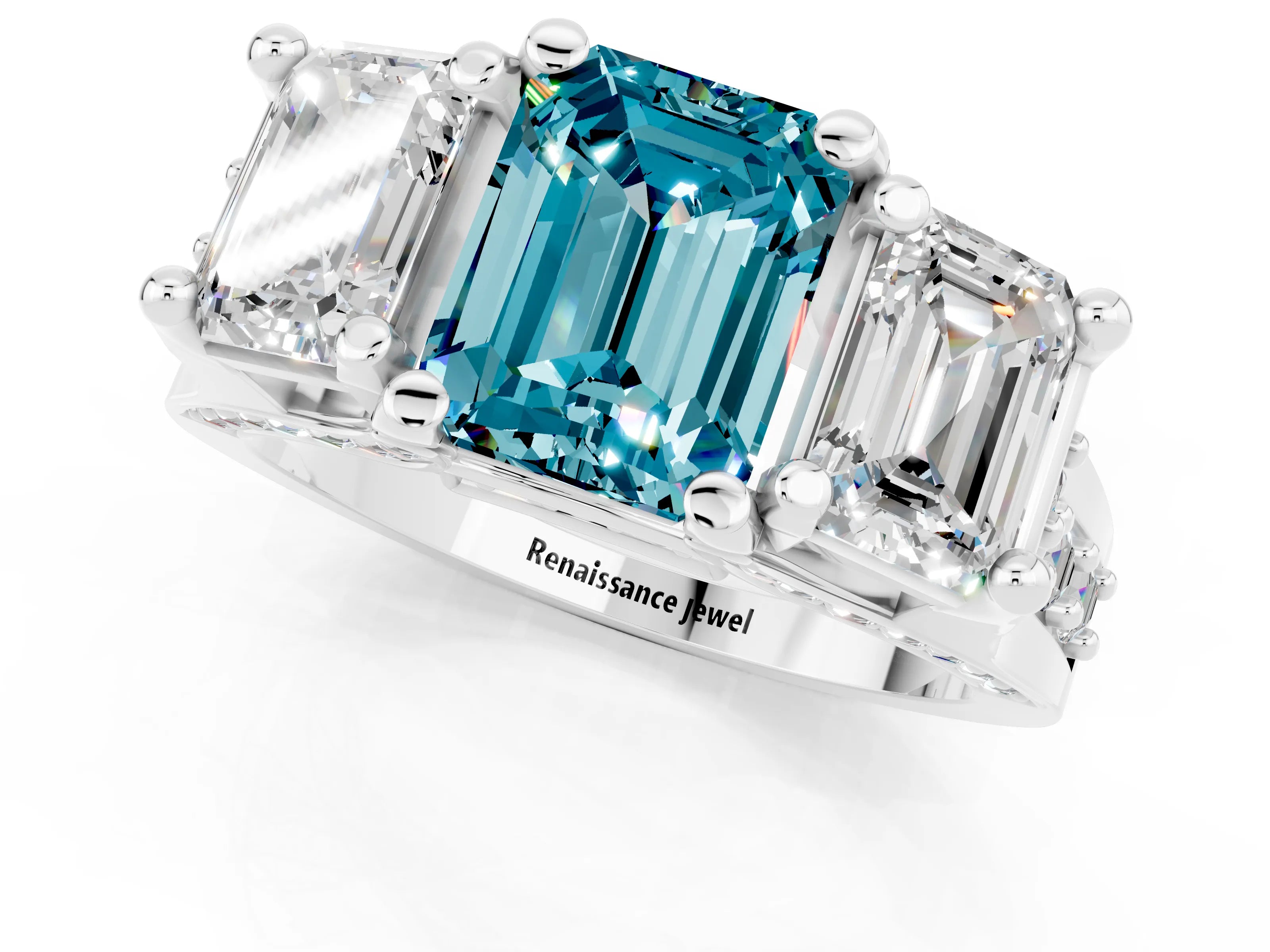 White gold Emerald Cut Blue Topaz Three-Stone Ring with Channel Set Band and Four-Prong Setting_1