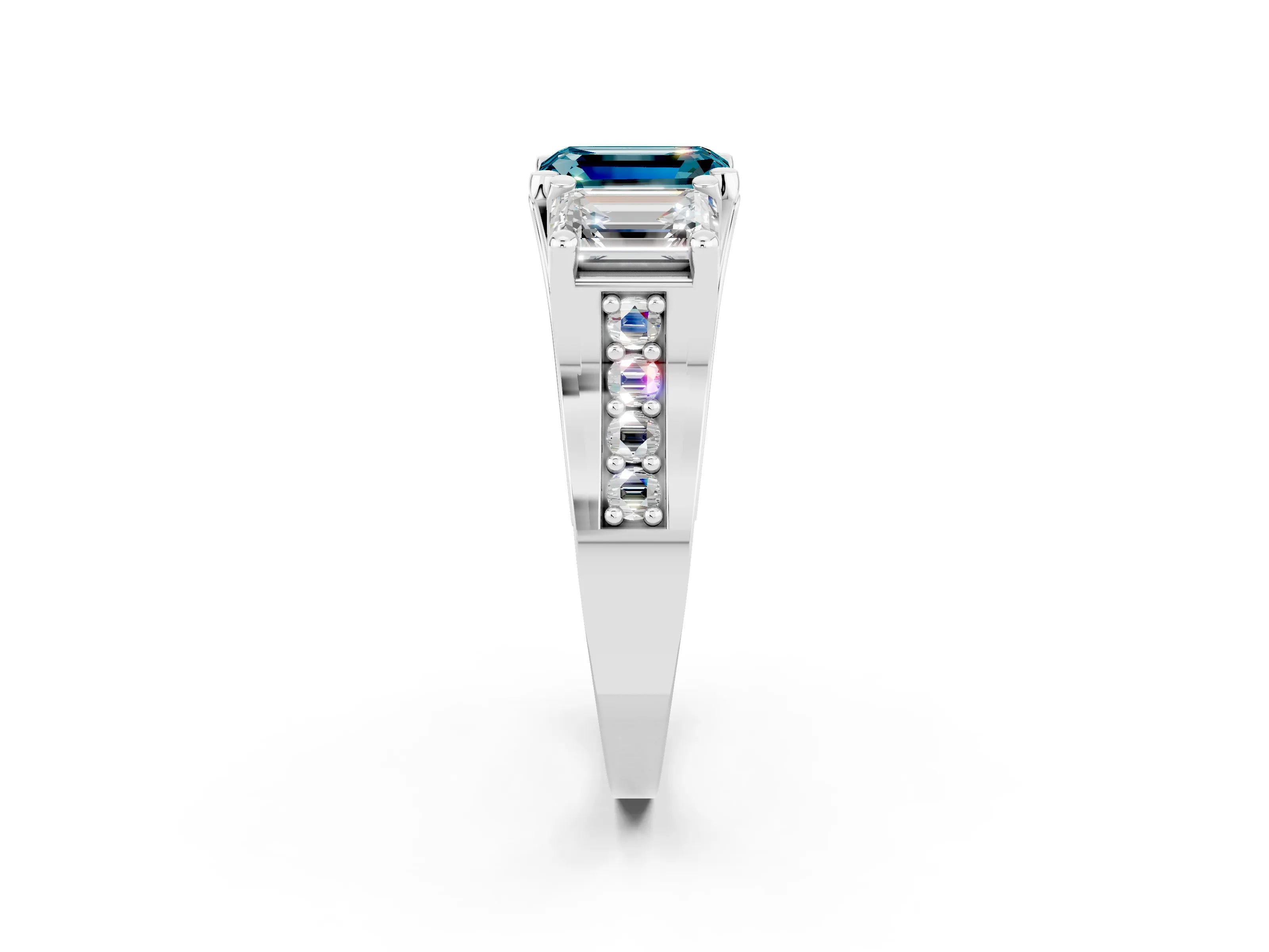 White gold Emerald Cut Blue Topaz Three-Stone Ring with Channel Set Band and Four-Prong Setting_2