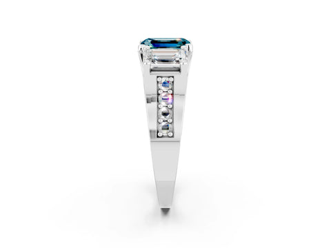 White gold Emerald Cut Blue Topaz Three-Stone Ring with Channel Set Band and Four-Prong Setting_2