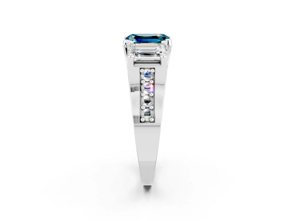 Silver Emerald Cut Blue Topaz Three-Stone Ring with Channel Set Band and Four-Prong Setting