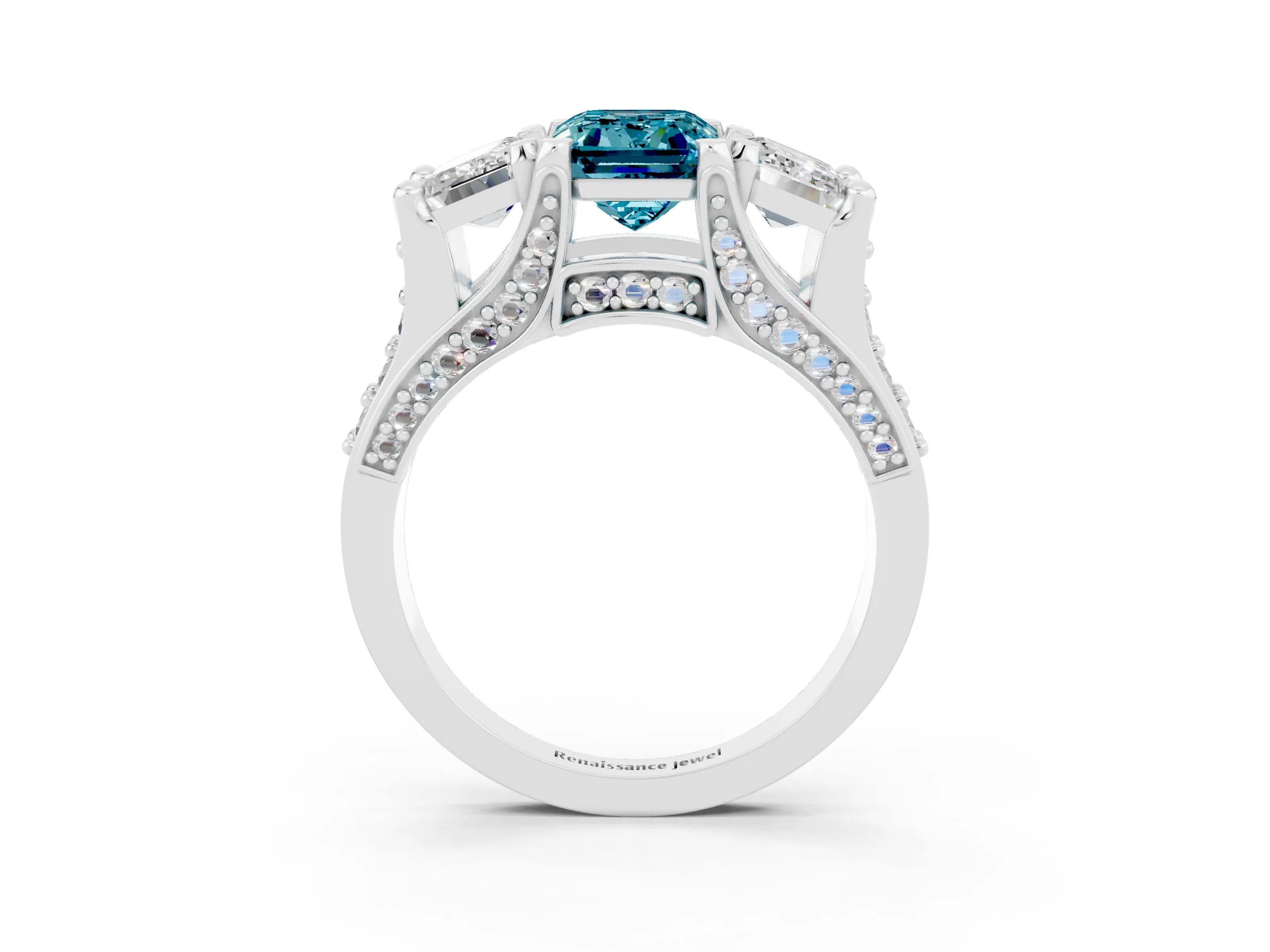 White gold Emerald Cut Blue Topaz Three-Stone Ring with Channel Set Band and Four-Prong Setting_3
