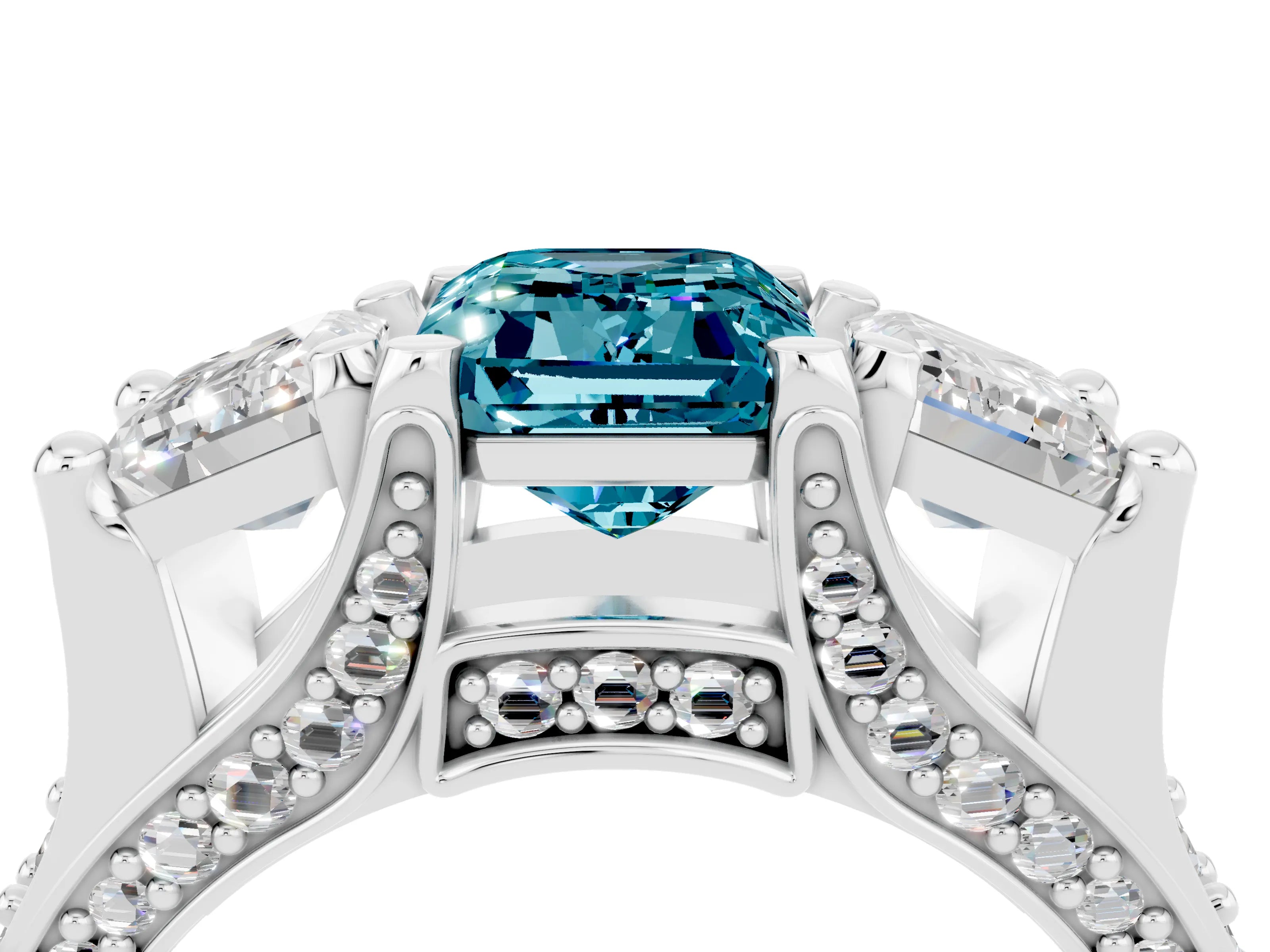 White gold Emerald Cut Blue Topaz Three-Stone Ring with Channel Set Band and Four-Prong Setting_4