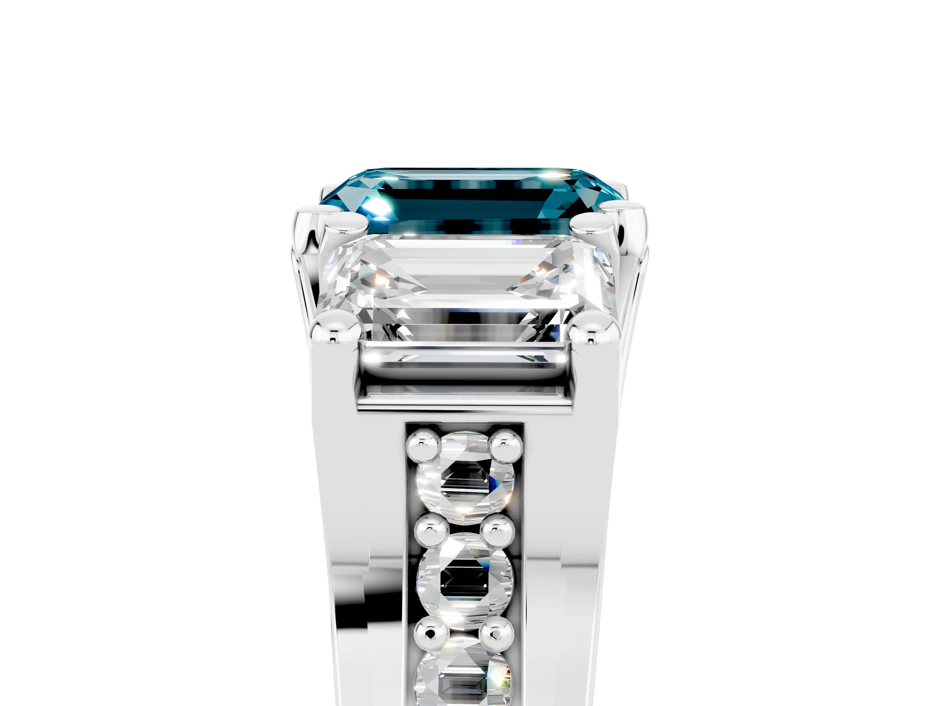 White gold Emerald Cut Blue Topaz Three-Stone Ring with Channel Set Band and Four-Prong Setting_5