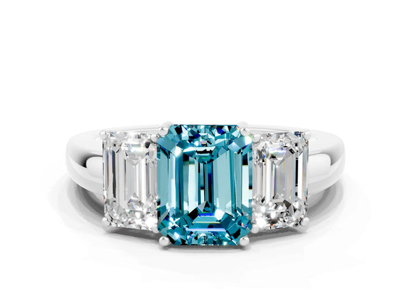 Platinum Emerald Cut Blue Topaz Three-Stone Ring with Four-Prong Setting and Classic Band