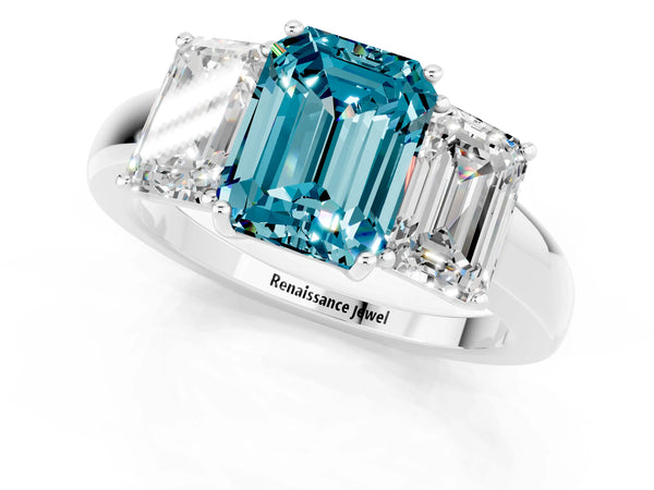 Silver Emerald Cut Blue Topaz Three-Stone Ring with Four-Prong Setting and Classic Band