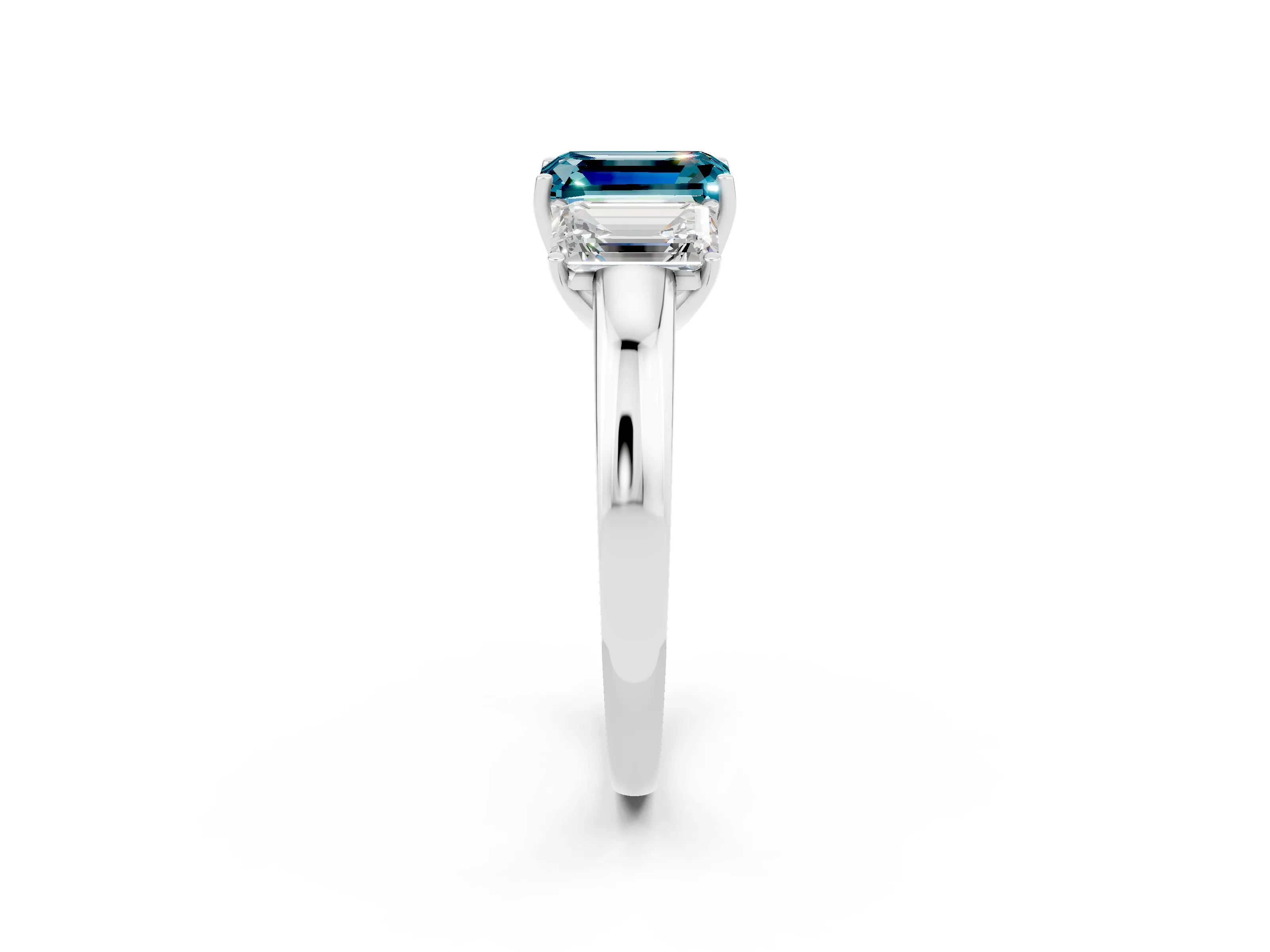 White gold Emerald Cut Blue Topaz Three-Stone Ring with Four-Prong Setting and Classic Band_2