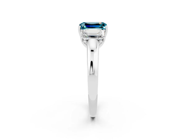 Platinum Emerald Cut Blue Topaz Three-Stone Ring with Four-Prong Setting and Classic Band