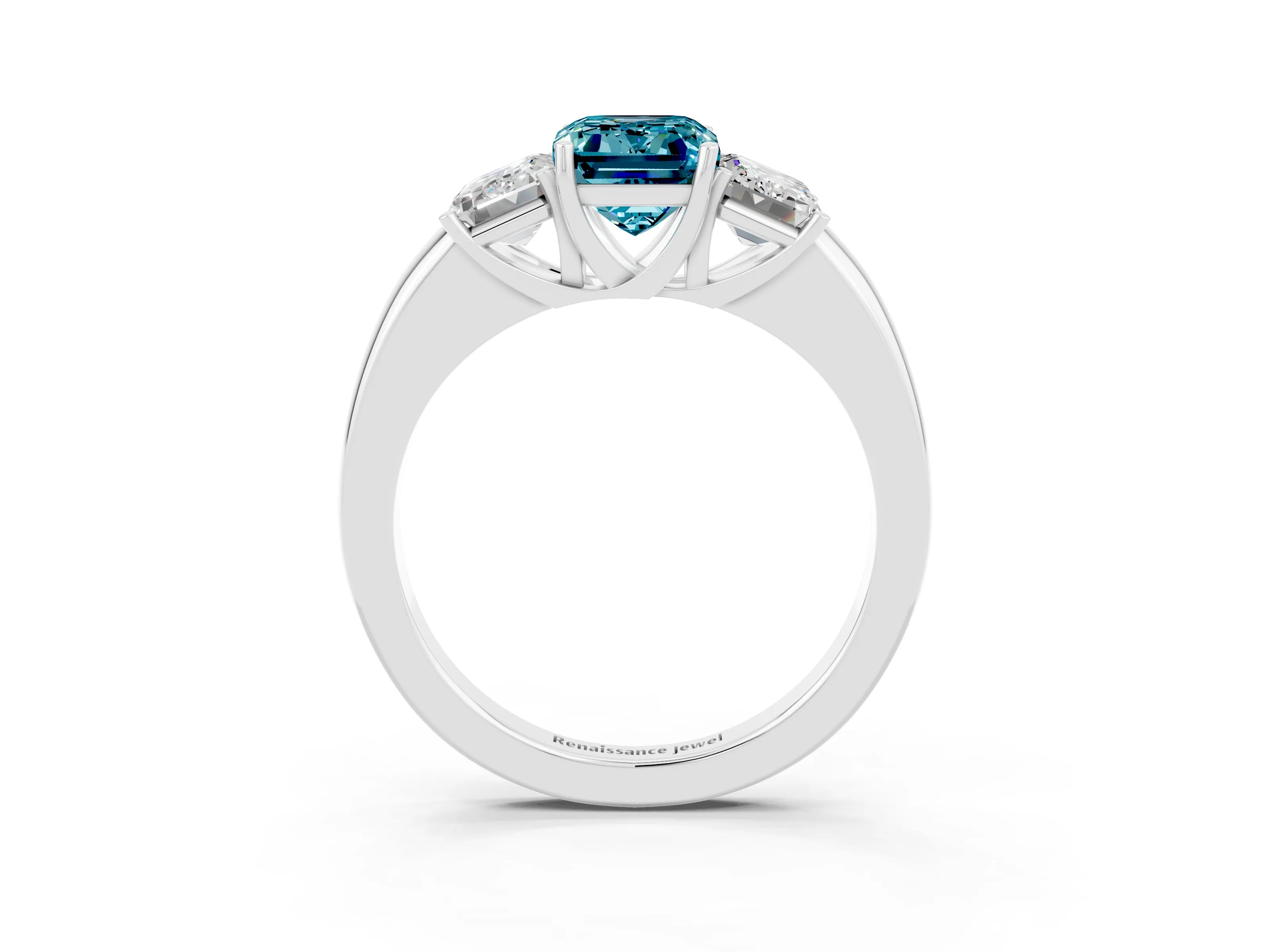 White gold Emerald Cut Blue Topaz Three-Stone Ring with Four-Prong Setting and Classic Band_3