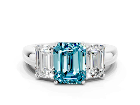 White gold Emerald Cut Blue Topaz Three-Stone Ring with Four-Prong Setting and Classic Band
