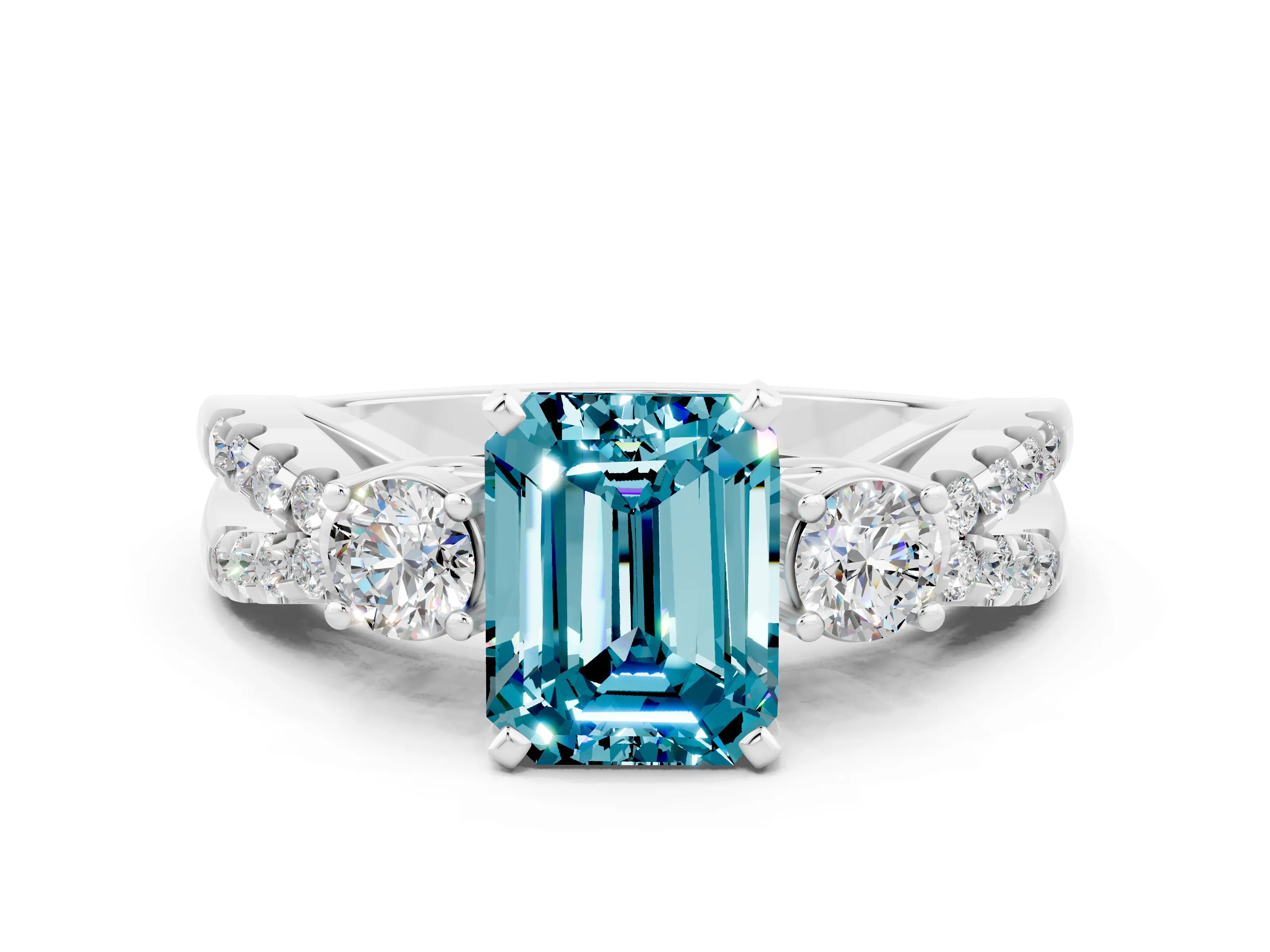 White gold Emerald Cut Blue Topaz Three-Stone Ring with Pavé Split Shank and Four-Prong Setting