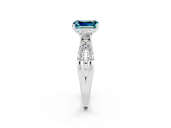 Silver Emerald Cut Blue Topaz Three-Stone Ring with Pavé Split Shank and Four-Prong Setting
