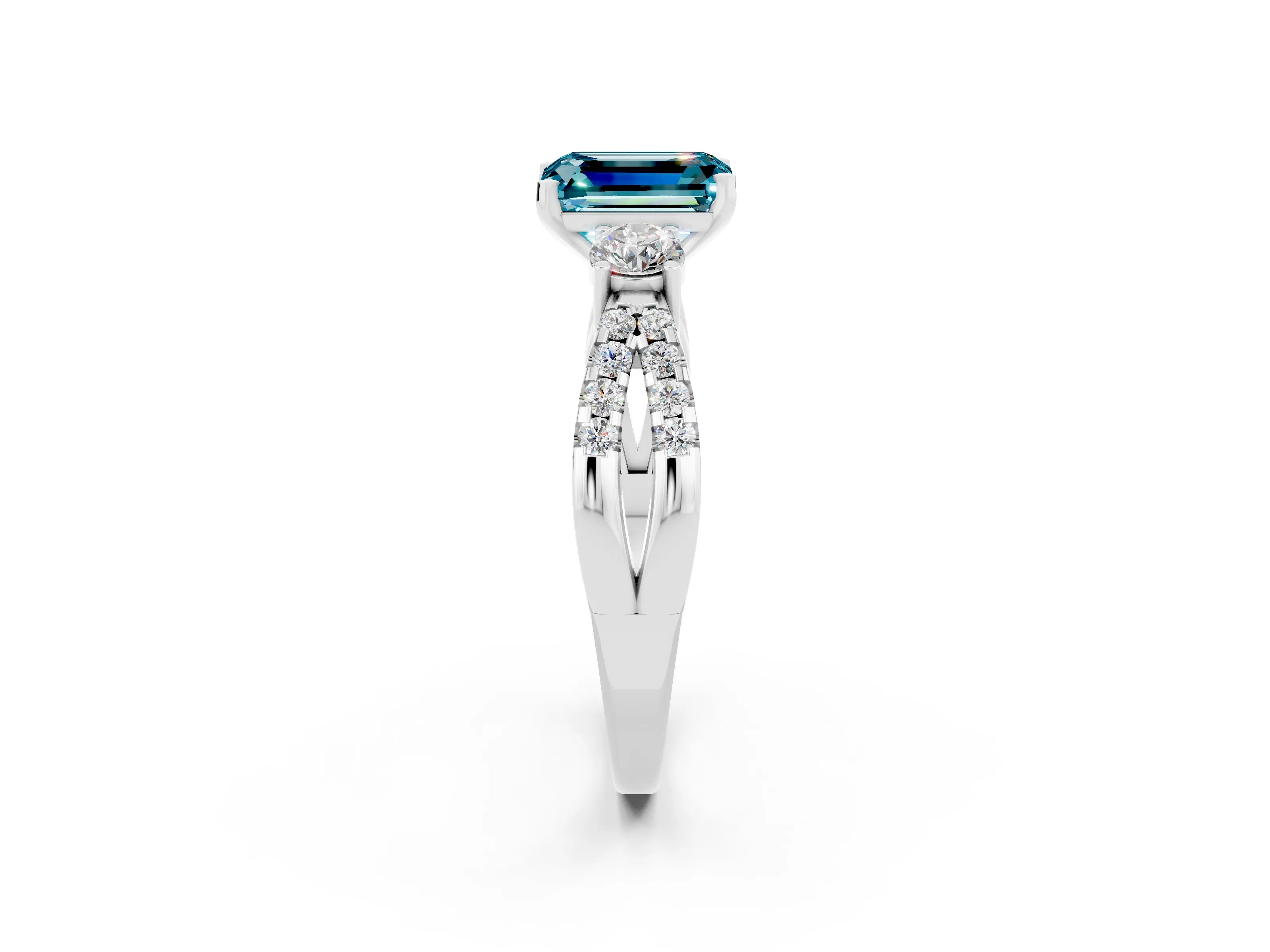 White gold Emerald Cut Blue Topaz Three-Stone Ring with Pavé Split Shank and Four-Prong Setting_2