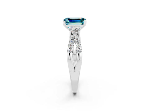 White gold Emerald Cut Blue Topaz Three-Stone Ring with Pavé Split Shank and Four-Prong Setting_2