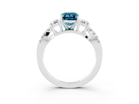 White gold Emerald Cut Blue Topaz Three-Stone Ring with Pavé Split Shank and Four-Prong Setting_3