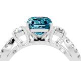 White gold Emerald Cut Blue Topaz Three-Stone Ring with Pavé Split Shank and Four-Prong Setting_4