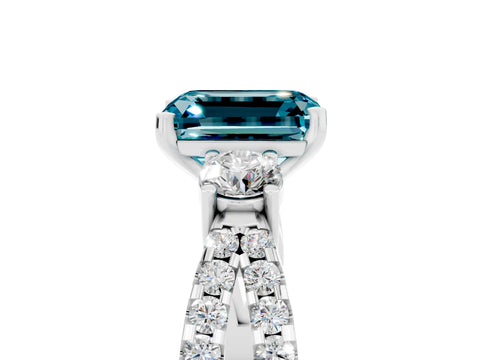 White gold Emerald Cut Blue Topaz Three-Stone Ring with Pavé Split Shank and Four-Prong Setting_5