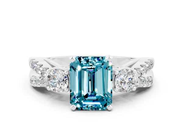 White gold Emerald Cut Blue Topaz Three-Stone Ring with Pavé Split Shank and Four-Prong Setting
