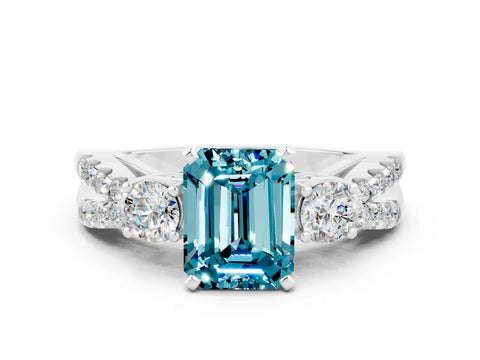 White gold Emerald Cut Blue Topaz Three-Stone Ring with Pavé Split Shank and Four-Prong Setting