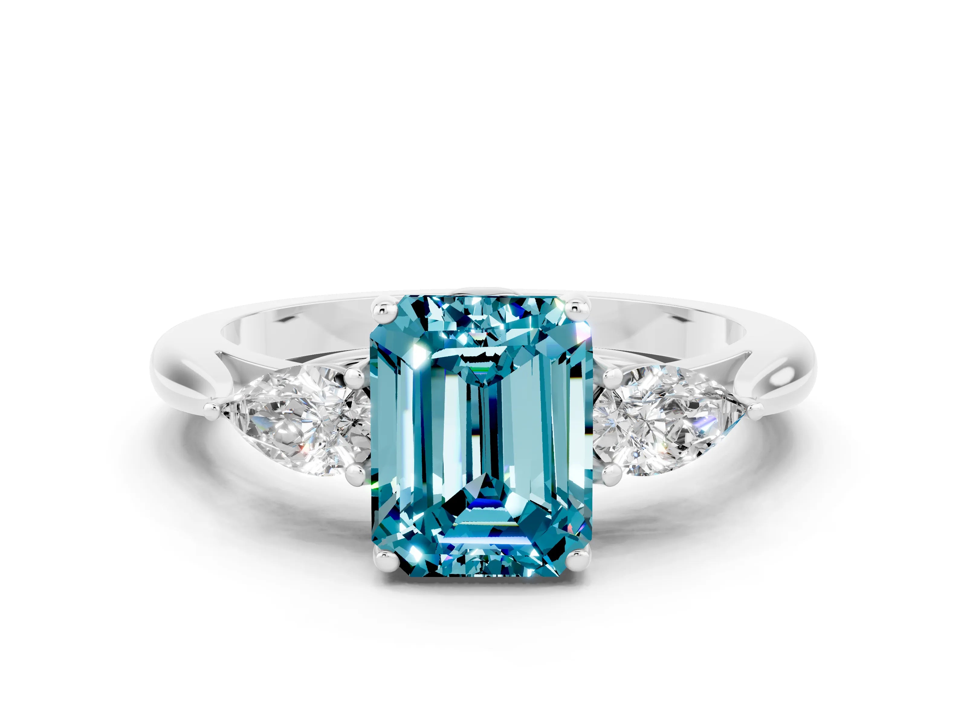 White gold Emerald Cut Blue Topaz Three-Stone Ring with Pear Side Stones and Four-Prong Setting_12