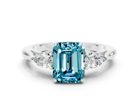 White gold Emerald Cut Blue Topaz Three-Stone Ring with Pear Side Stones and Four-Prong Setting_12