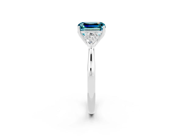 Silver Emerald Cut Blue Topaz Three-Stone Ring with Pear  Side Stones and Prong Setting
