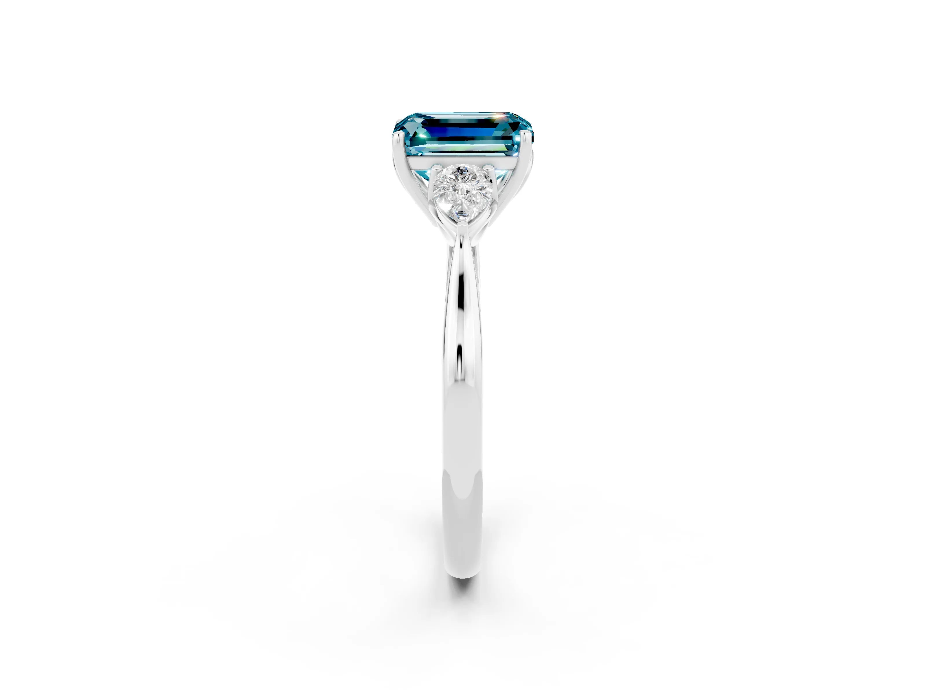 White gold Emerald Cut Blue Topaz Three-Stone Ring with Pear Side Stones and Four-Prong Setting_14