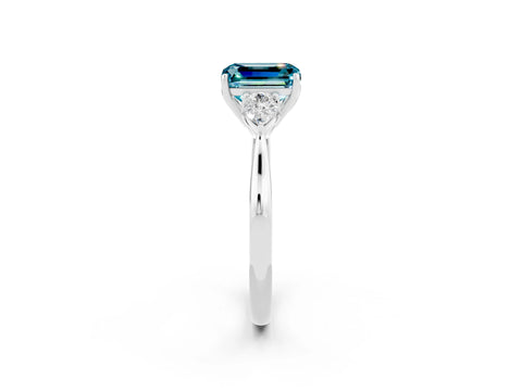 White gold Emerald Cut Blue Topaz Three-Stone Ring with Pear Side Stones and Four-Prong Setting_14