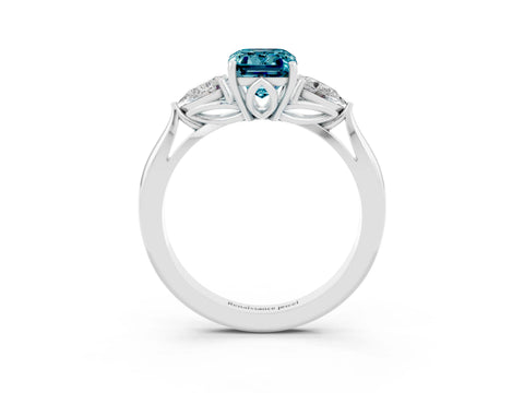 White gold Emerald Cut Blue Topaz Three-Stone Ring with Pear Side Stones and Four-Prong Setting_15
