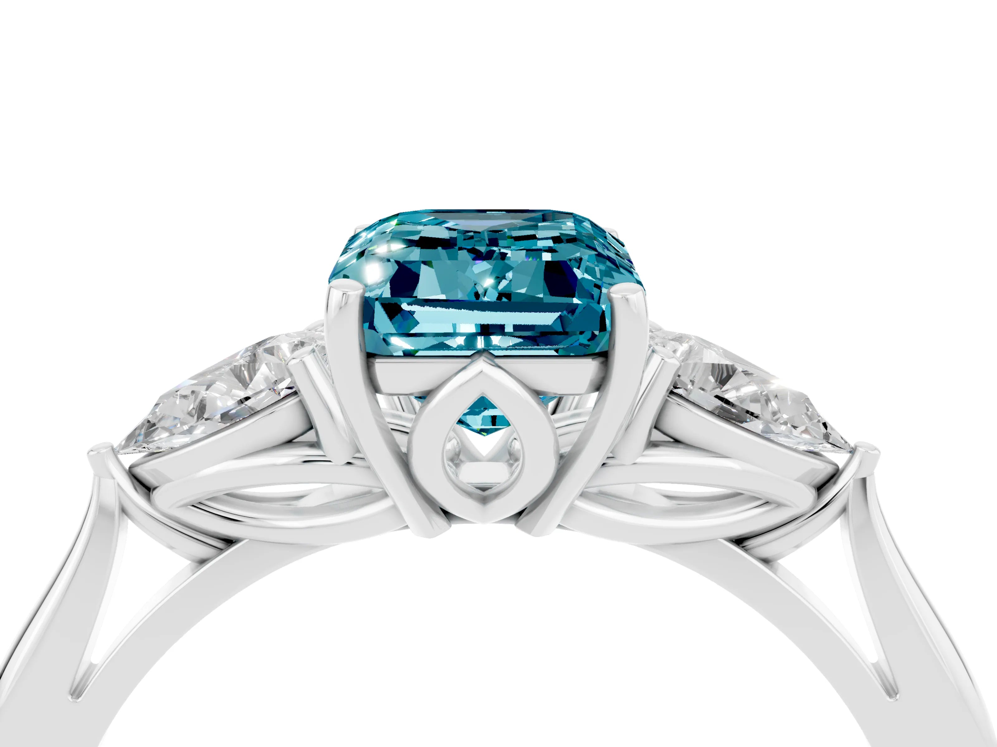 White gold Emerald Cut Blue Topaz Three-Stone Ring with Pear Side Stones and Four-Prong Setting_16