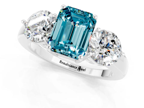 White gold Emerald Cut Blue Topaz Three-Stone Ring with Prong Setting and Classic Band_1