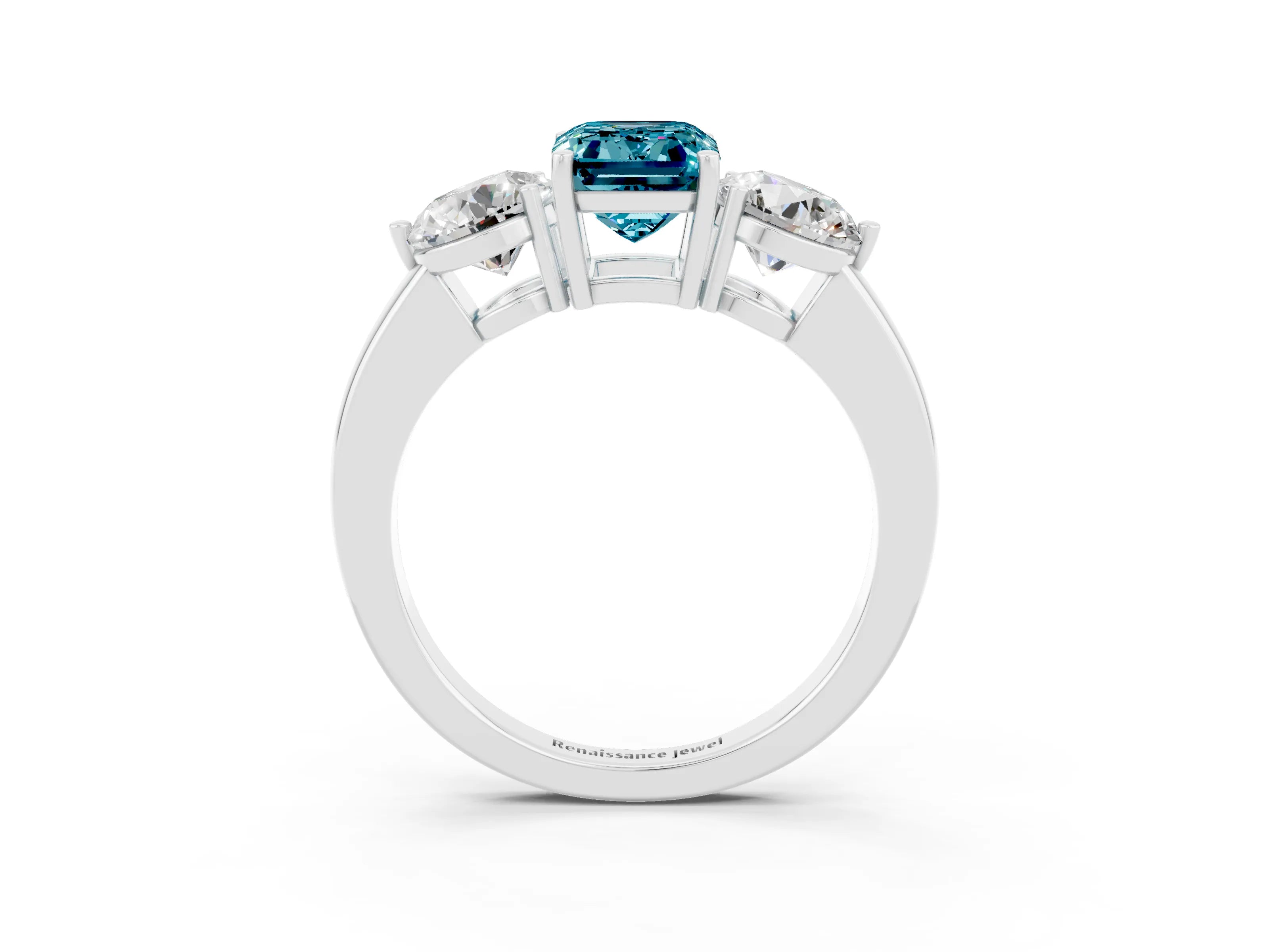 White gold Emerald Cut Blue Topaz Three-Stone Ring with Prong Setting and Classic Band_3