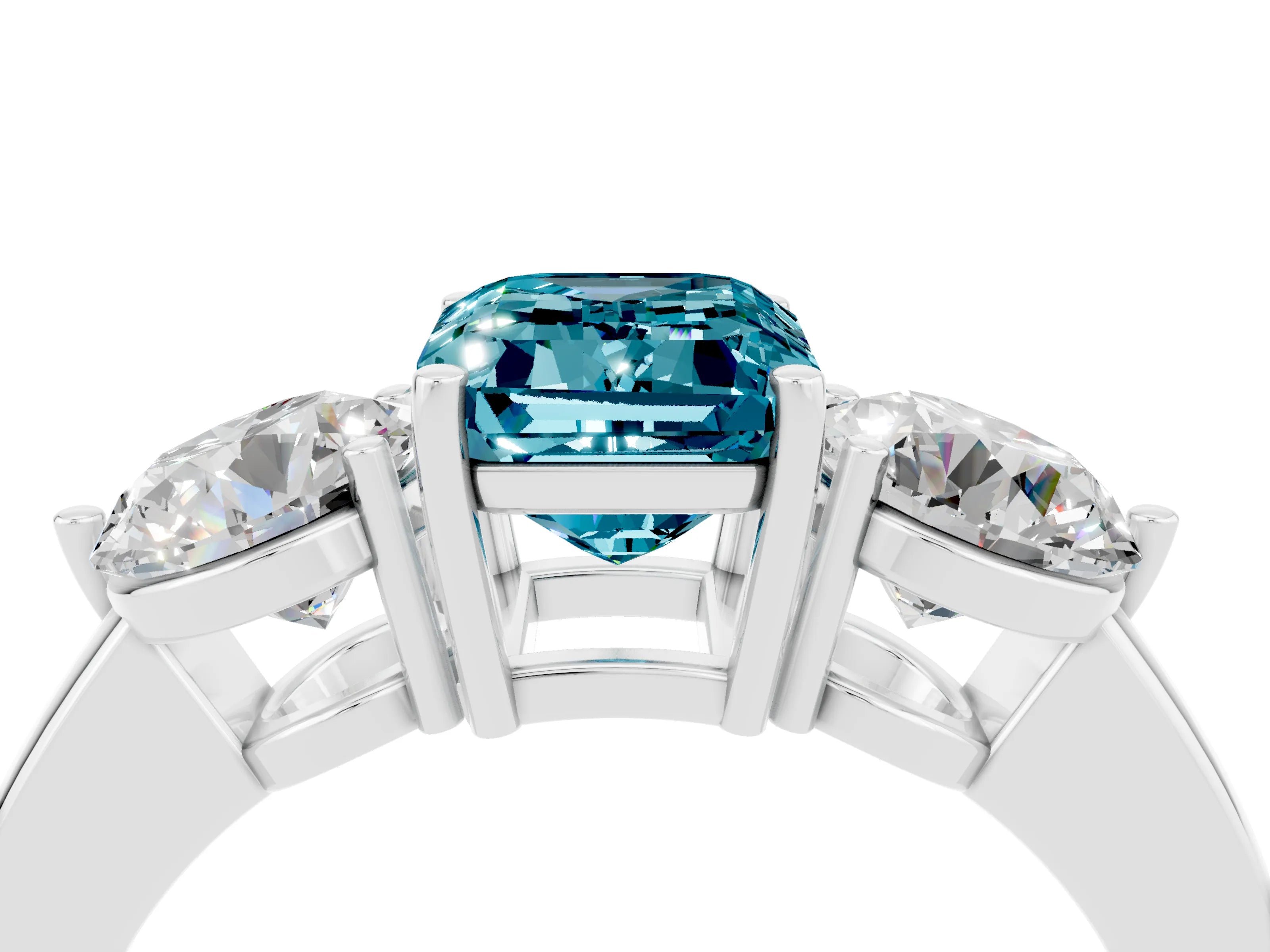 White gold Emerald Cut Blue Topaz Three-Stone Ring with Prong Setting and Classic Band_4