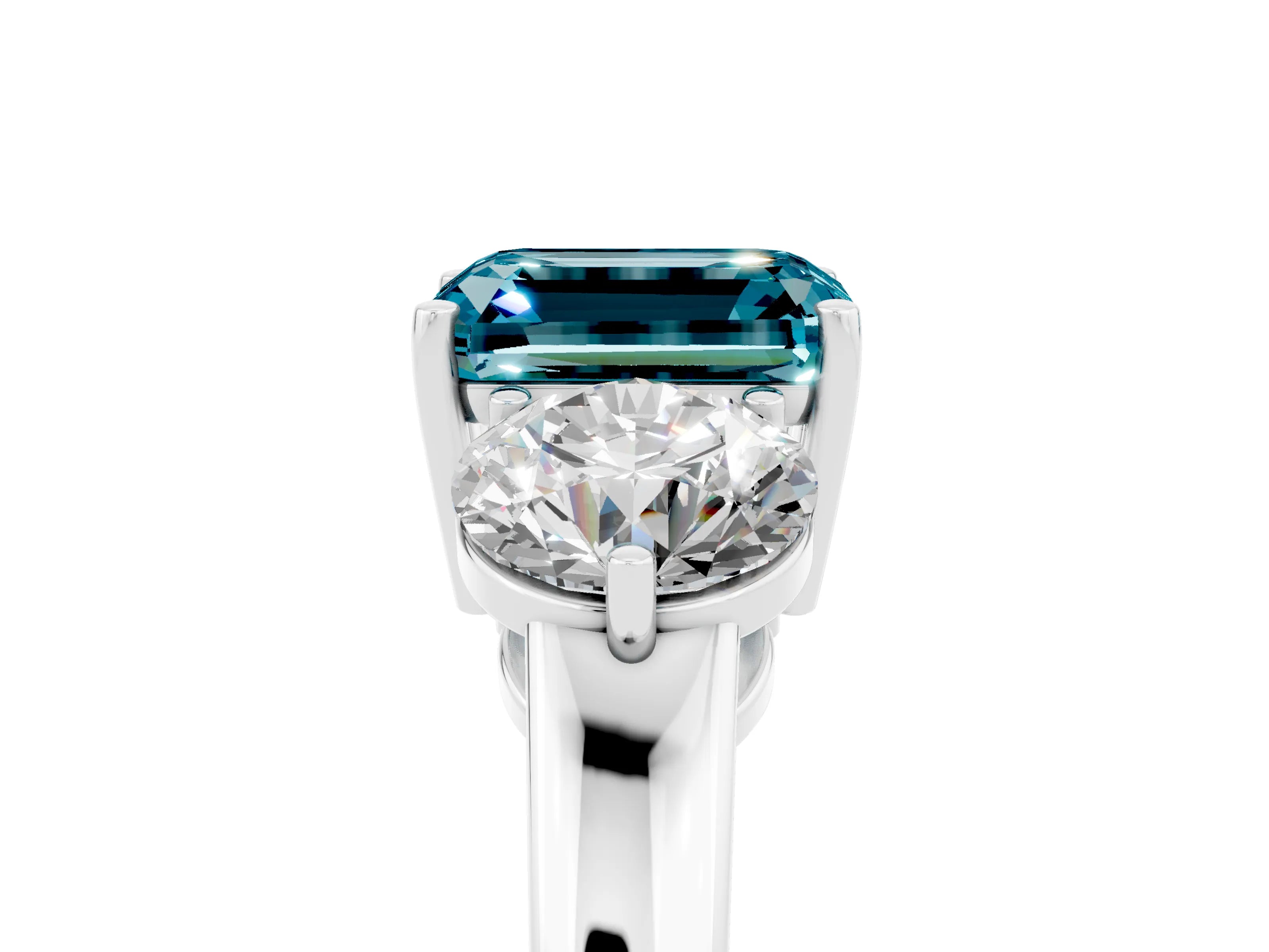 White gold Emerald Cut Blue Topaz Three-Stone Ring with Prong Setting and Classic Band_5