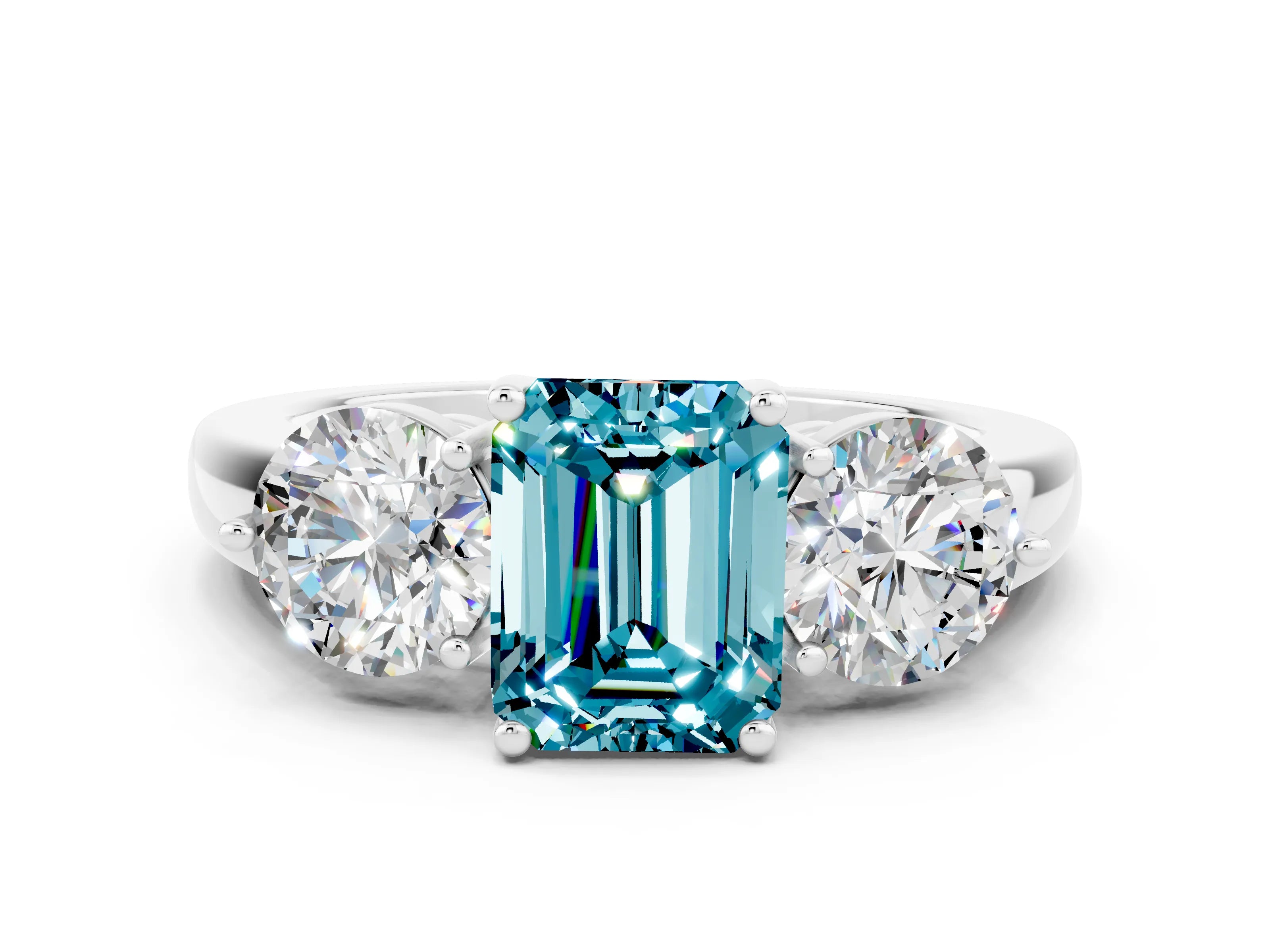 White gold Emerald Cut Blue Topaz Three-Stone Ring with Prong Setting and Classic Band
