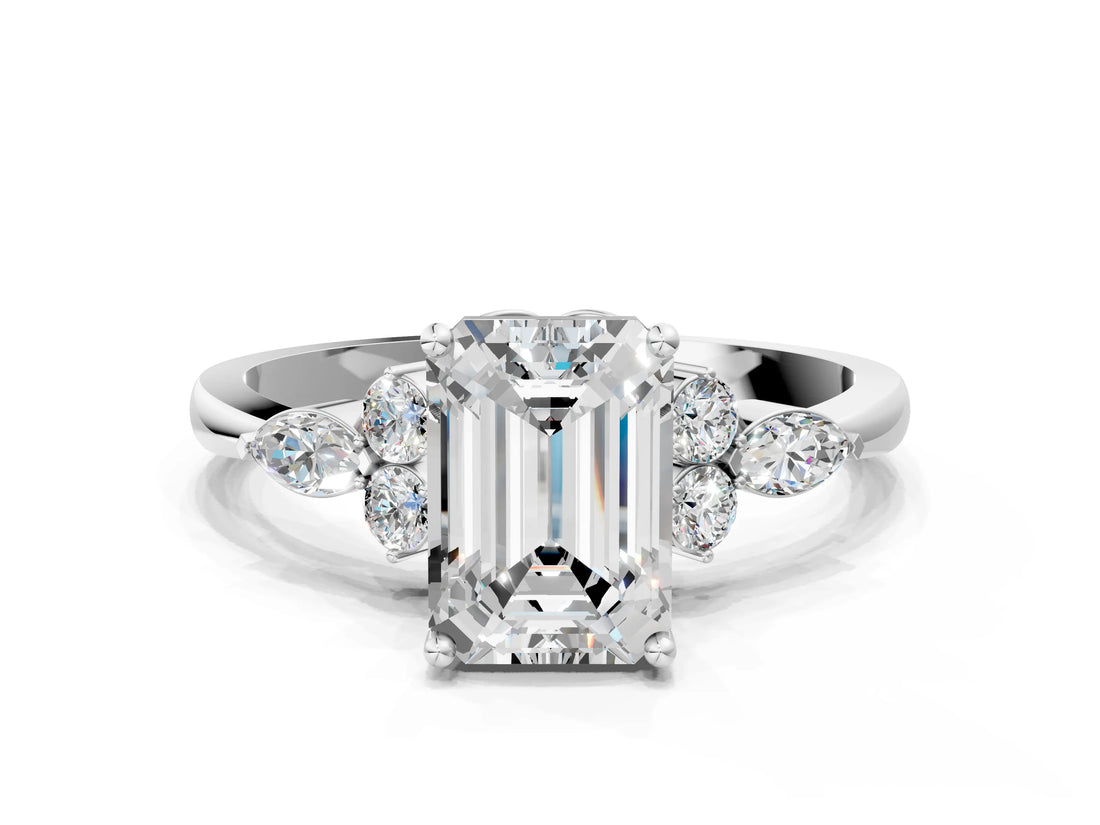 White gold Emerald Cut Brilliant Diamond Solitaire Ring with Pear Side Stones and Four-Prong Setting_12