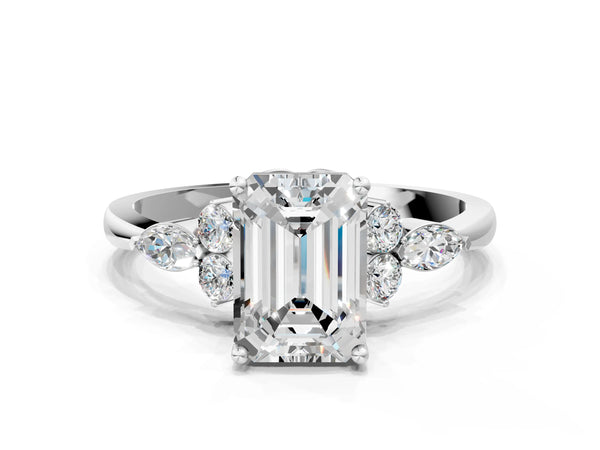 White gold Emerald Cut Brilliant Diamond Solitaire Ring with Pear Side Stones and Four-Prong Setting