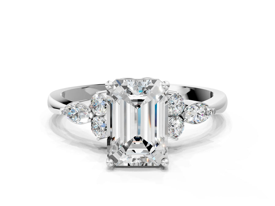 White gold Emerald Cut Brilliant Diamond Solitaire Ring with Pear Side Stones and Four-Prong Setting