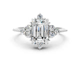 White gold Emerald Cut Brilliant Diamond with Cluster Setting on a Beaded Band and Four-Prong Setting_149