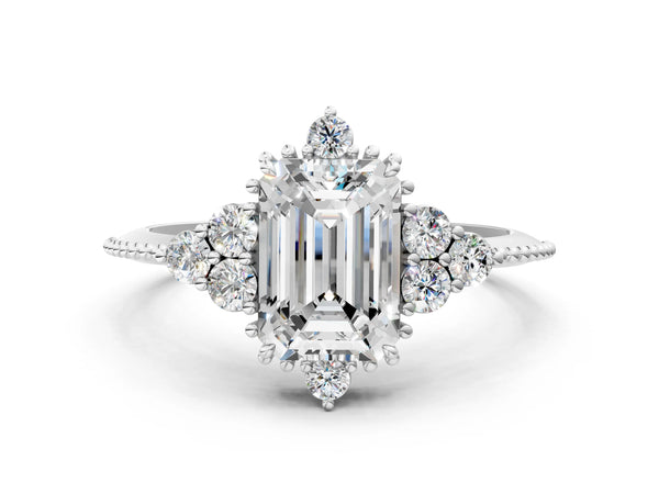White gold Round Brilliant Diamond with Cluster Setting on a Beaded Band and Four-Prong Setting
