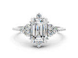 White gold Emerald Cut Brilliant Diamond with Cluster Setting on a Beaded Band and Four-Prong Setting_7