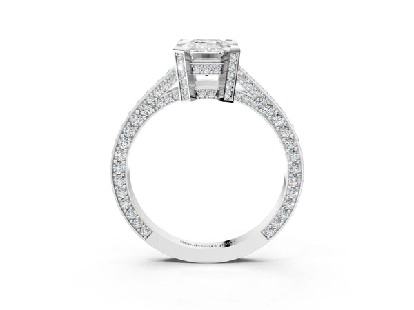 White gold Emerald Cut Brilliant Split Shank Pave Solitaire Ring with Four-Prong Setting