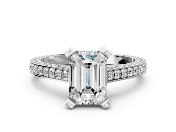 White gold Emerald Cut Brilliant Split Shank Pave Solitaire Ring with Four-Prong Setting