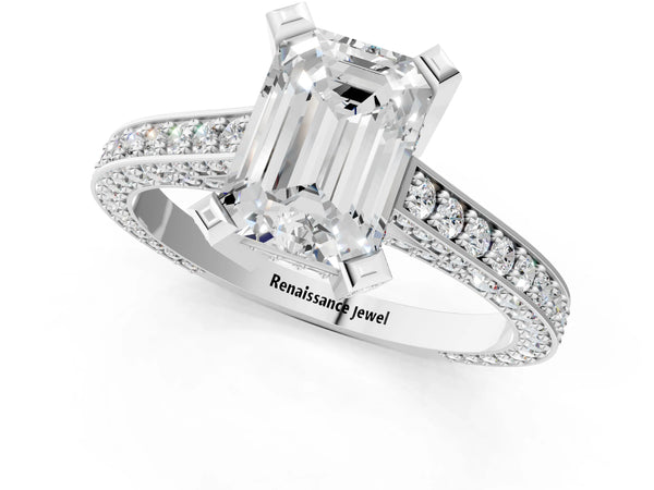 White gold Emerald Cut Brilliant Split Shank Pave Solitaire Ring with Four-Prong Setting