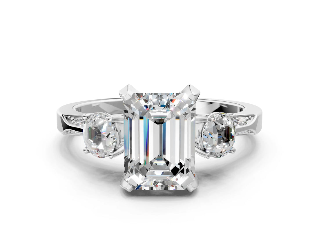 White gold Emerald Cut Brilliant Three-Stone Diamond Ring with Pavé Band and Four-Prong Setting_30