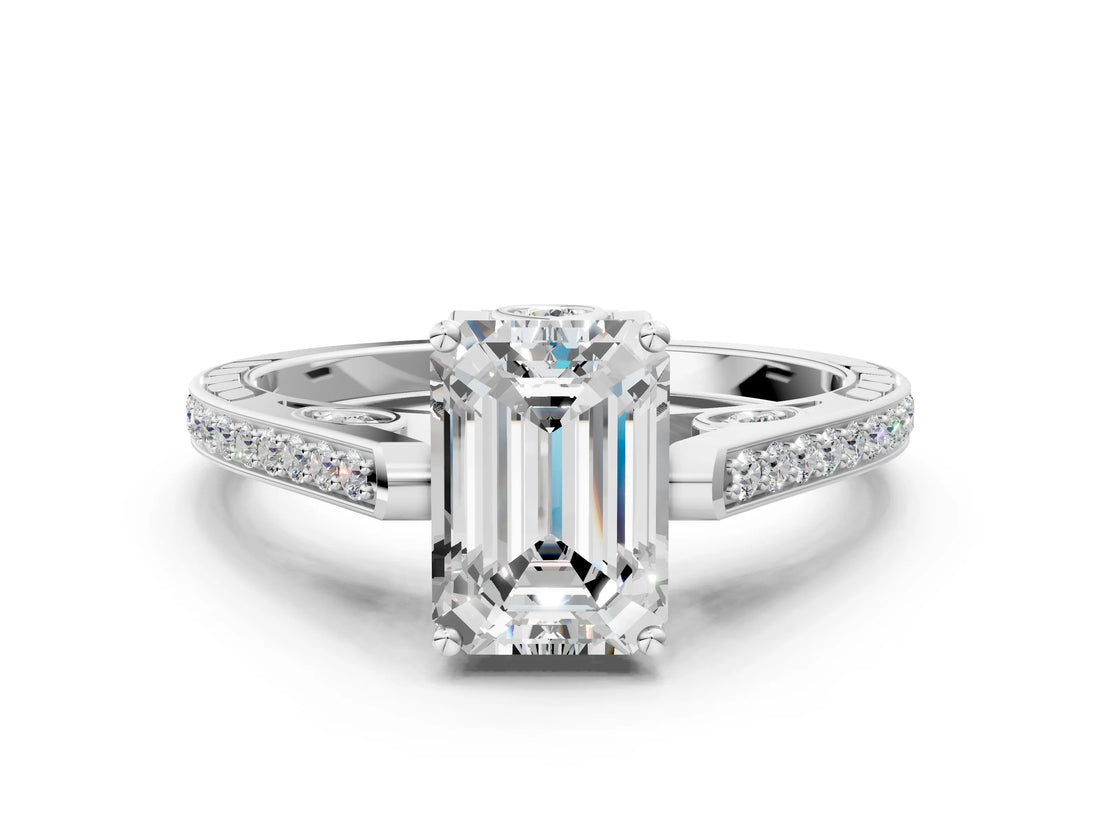 White gold Emerald Cut Cathedral Pave Diamond Engagement Ring with Six-Prong Setting_32
