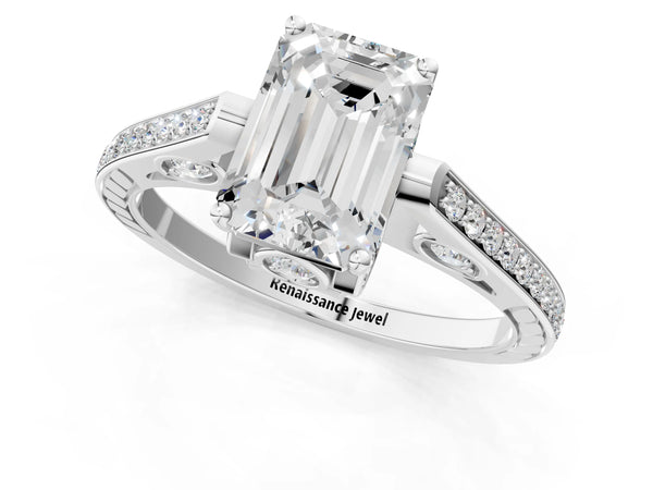 White gold Emerald Cut Cathedral Pave Diamond Engagement Ring with Six-Prong Setting