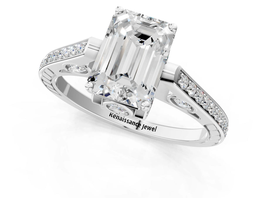 White gold Emerald Cut Cathedral Pave Diamond Engagement Ring with Six-Prong Setting