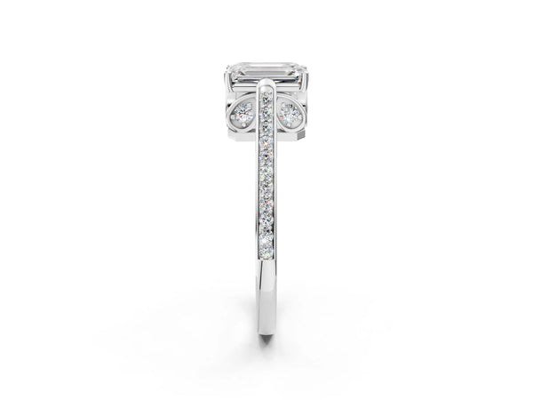 White gold Emerald Cut Cathedral Pave Diamond Engagement Ring with Six-Prong Setting