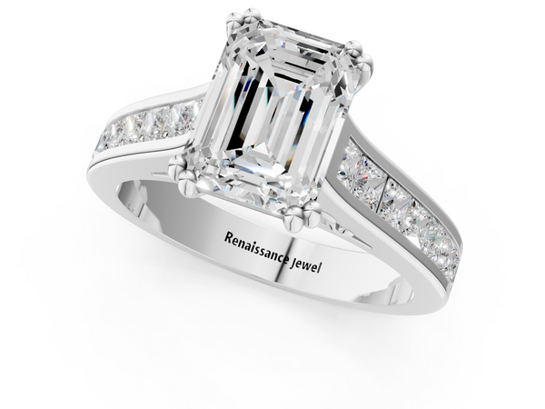 White gold Emerald Cut Channel Set Solitaire Engagement Ring with Prong Setting