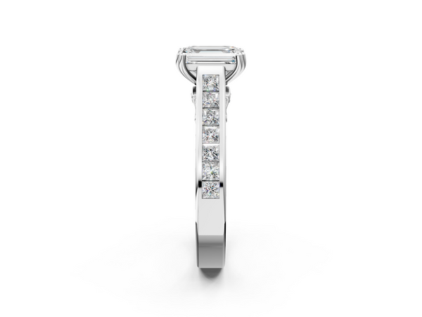 White gold Emerald Cut Channel Set Solitaire Engagement Ring with Prong Setting